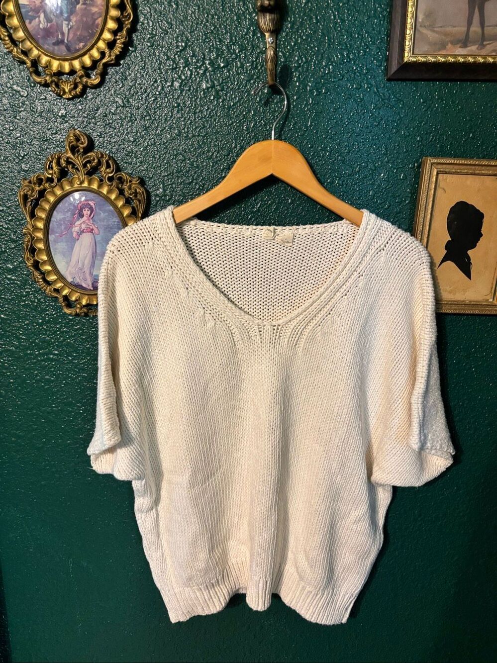 Anthropologie Moth White Short Sleeve Loose Sweater Top Sz Medium